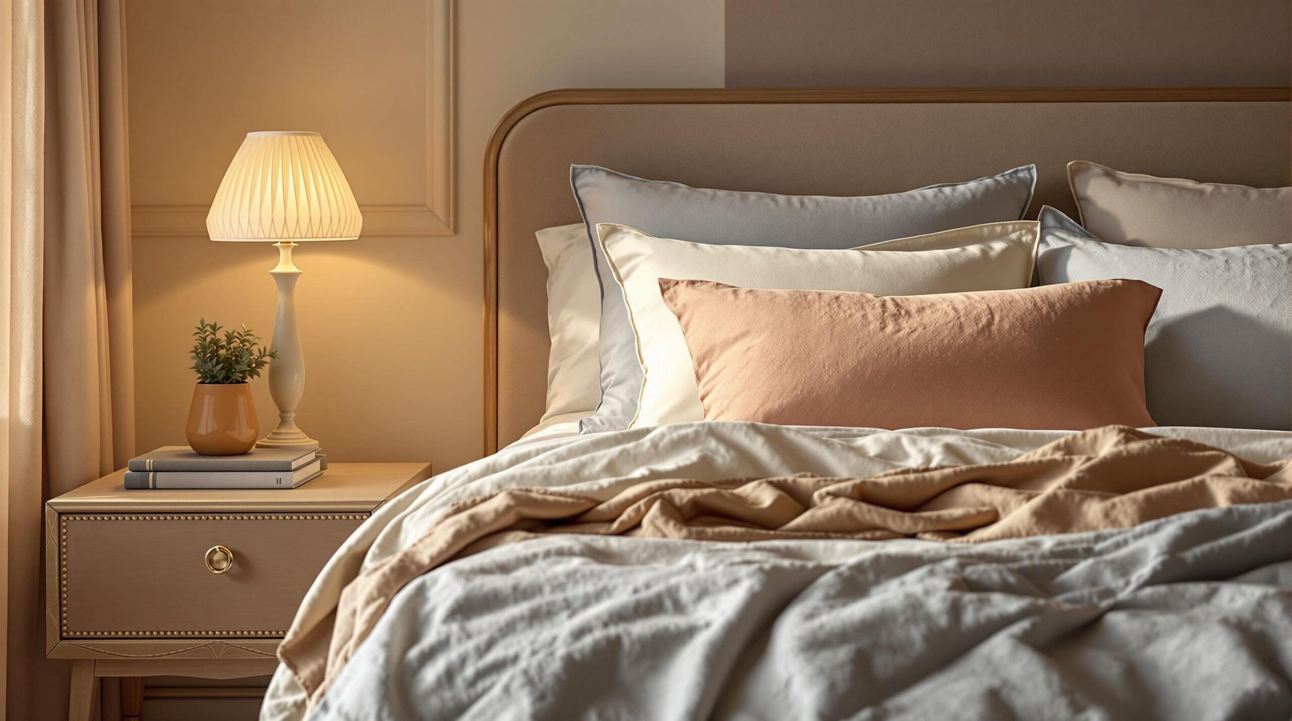 Sfeervolle slaapkamer met sierkussens, plaid en warm licht.