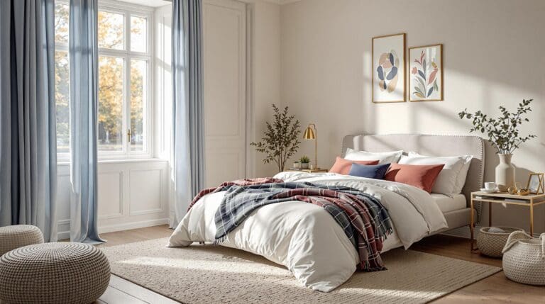 Slaapkamer met diepblauw satijnen dekbedovertrek en rood-witte accenten, sfeervol ingericht voor Bevrijdingsdag