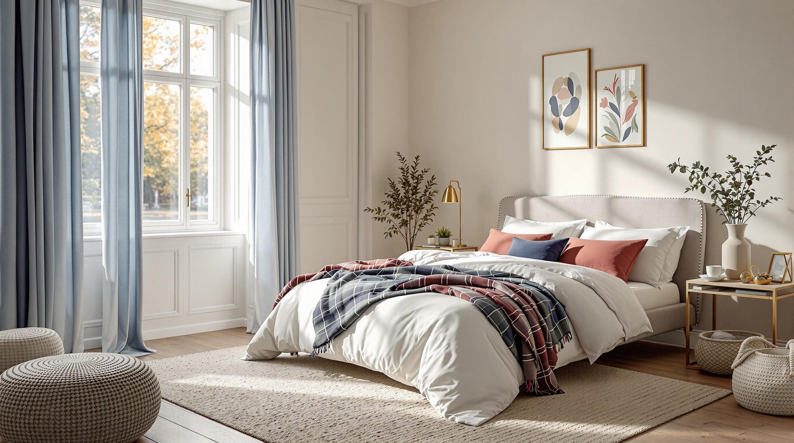 Slaapkamer met diepblauw satijnen dekbedovertrek en rood-witte accenten, sfeervol ingericht voor Bevrijdingsdag