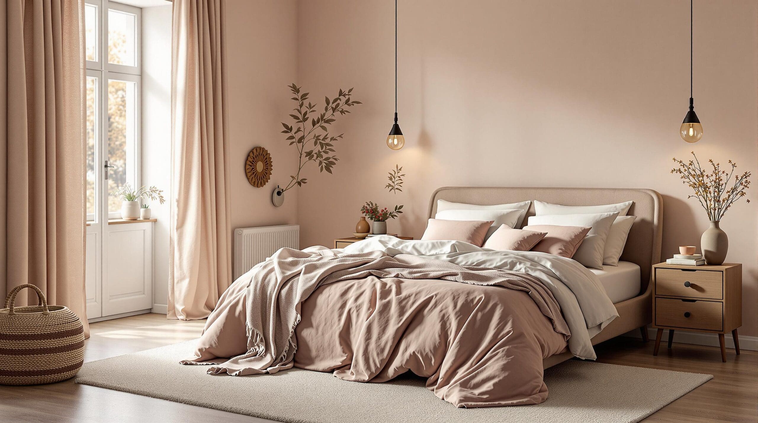 Slaapkamer met Kardol dekbedovertrek in Misty Rose, natuurlijke tinten en ochtendlicht