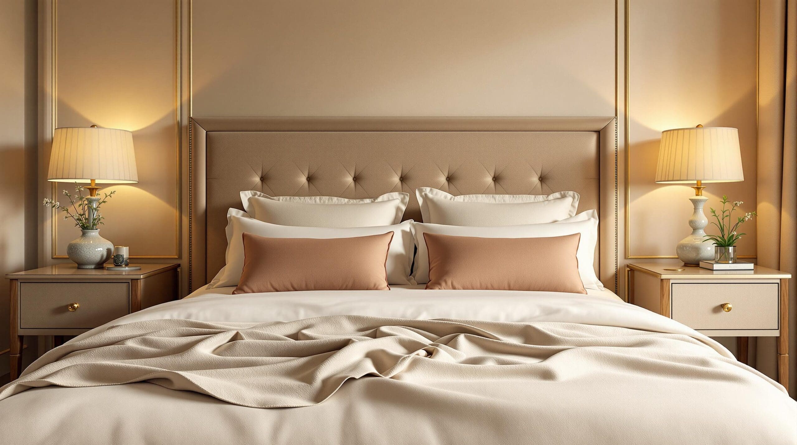 Een elegante hotelstijl slaapkamer met een glad, crème kleurig dekbedovertrek van katoen-satijn.