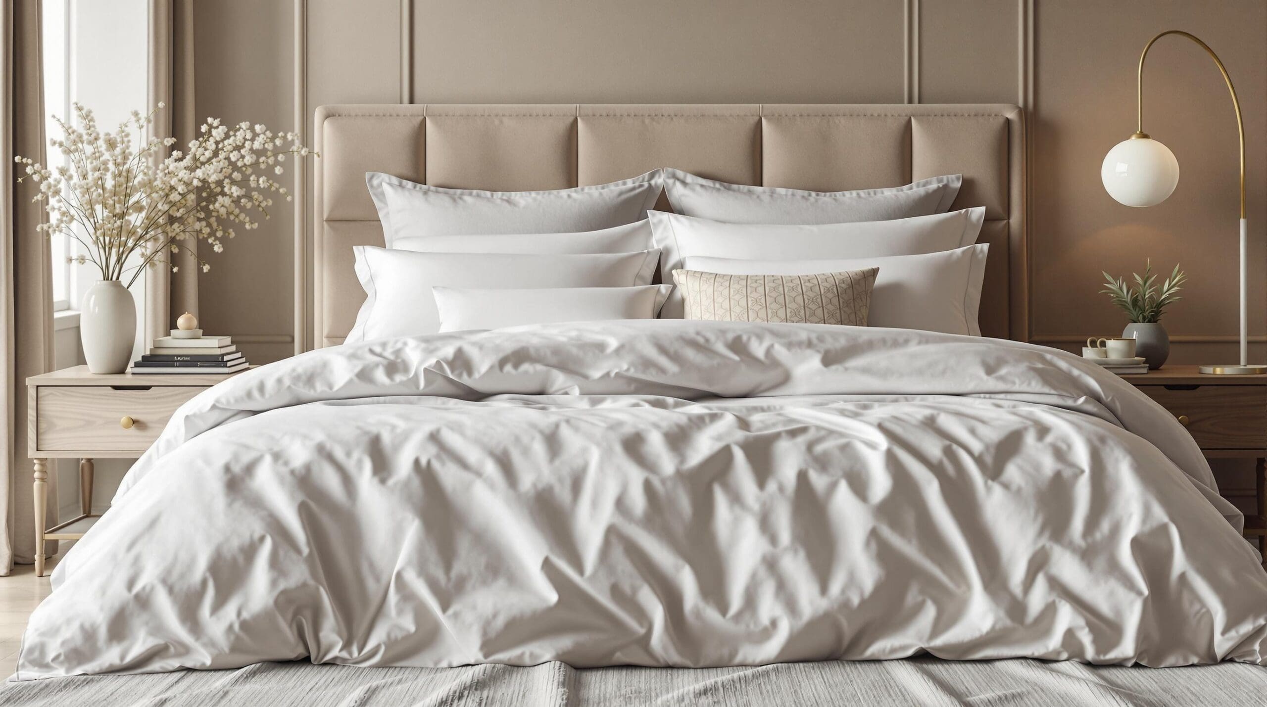 Een luxe slaapkamer met een prachtig opgemaakt bed in hotelstijl. Het dekbedovertrek straalt een subtiele glans uit, met rustgevende wit- en grijstinten.