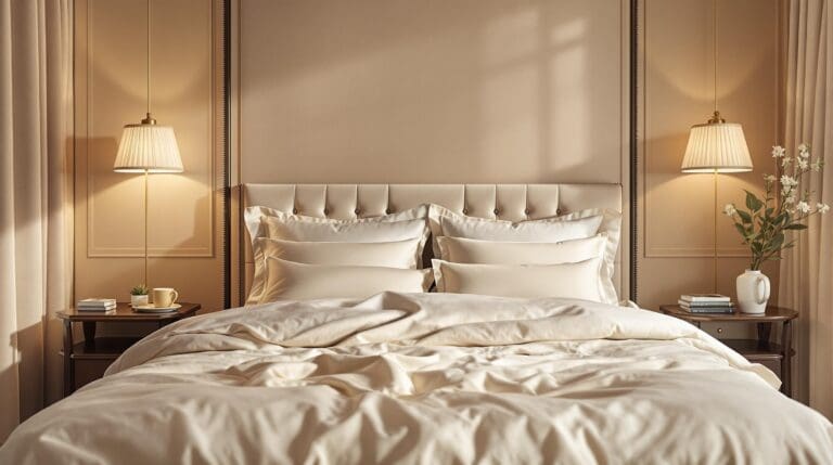 Een luxe slaapkamer met een warm kleurenschema in zachte crème- en zandtinten, met een katoensatijnen dekbedovertrek dat straalt onder een zachte leeslamp.