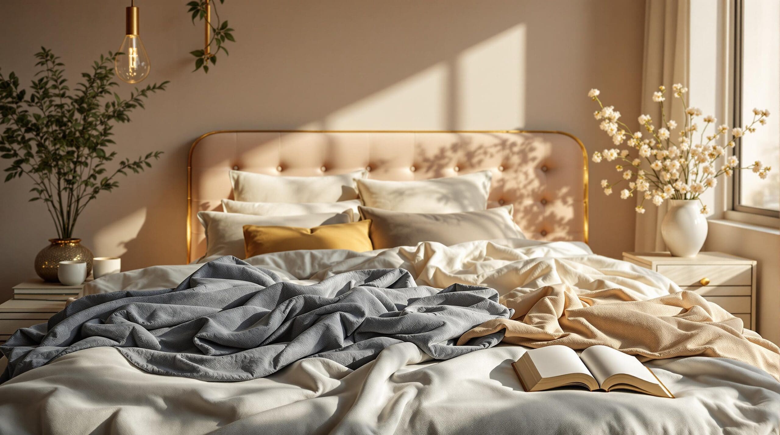 Een luxueus bed in een warme slaapkamer met glanzend diepblauw katoensatijnen beddengoed en gouden accenten