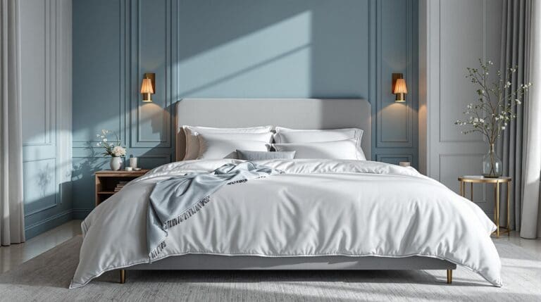 Een luxueus bed opgemaakt met wit katoen-satijn beddengoed in een warme en serene slaapkamer.