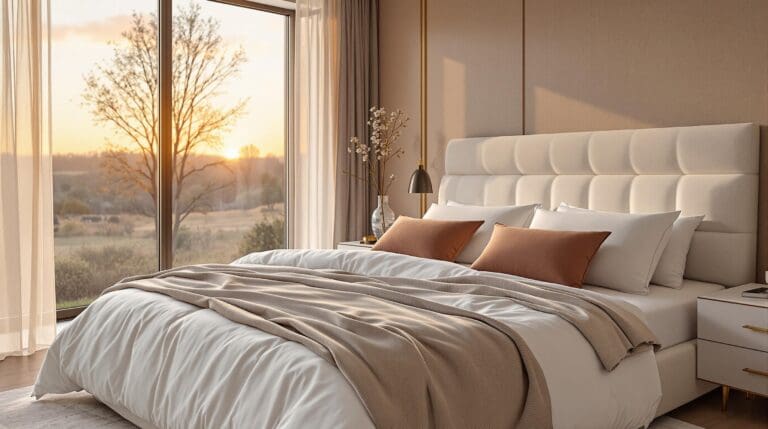 Een luxueus slaapkamerinterieur met een elegant bed dat opgemaakt is met een stralend wit dekbedovertrek van hoogwaardig katoen-satijn