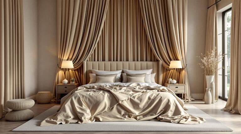 Een luxueuze slaapkamer setting met een dekbedovertrek van hoogwaardig katoen-satijn.