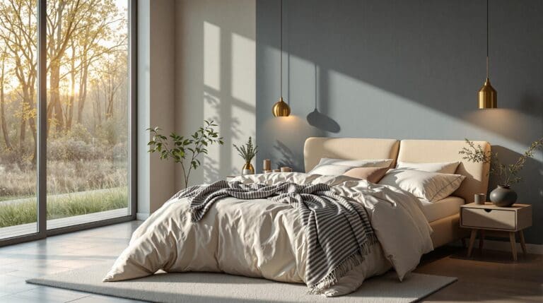 Een serene slaapkamer bij ochtendgloren met een crème-kleurig dekbedovertrek van biologisch katoen en rustgevende inrichting.