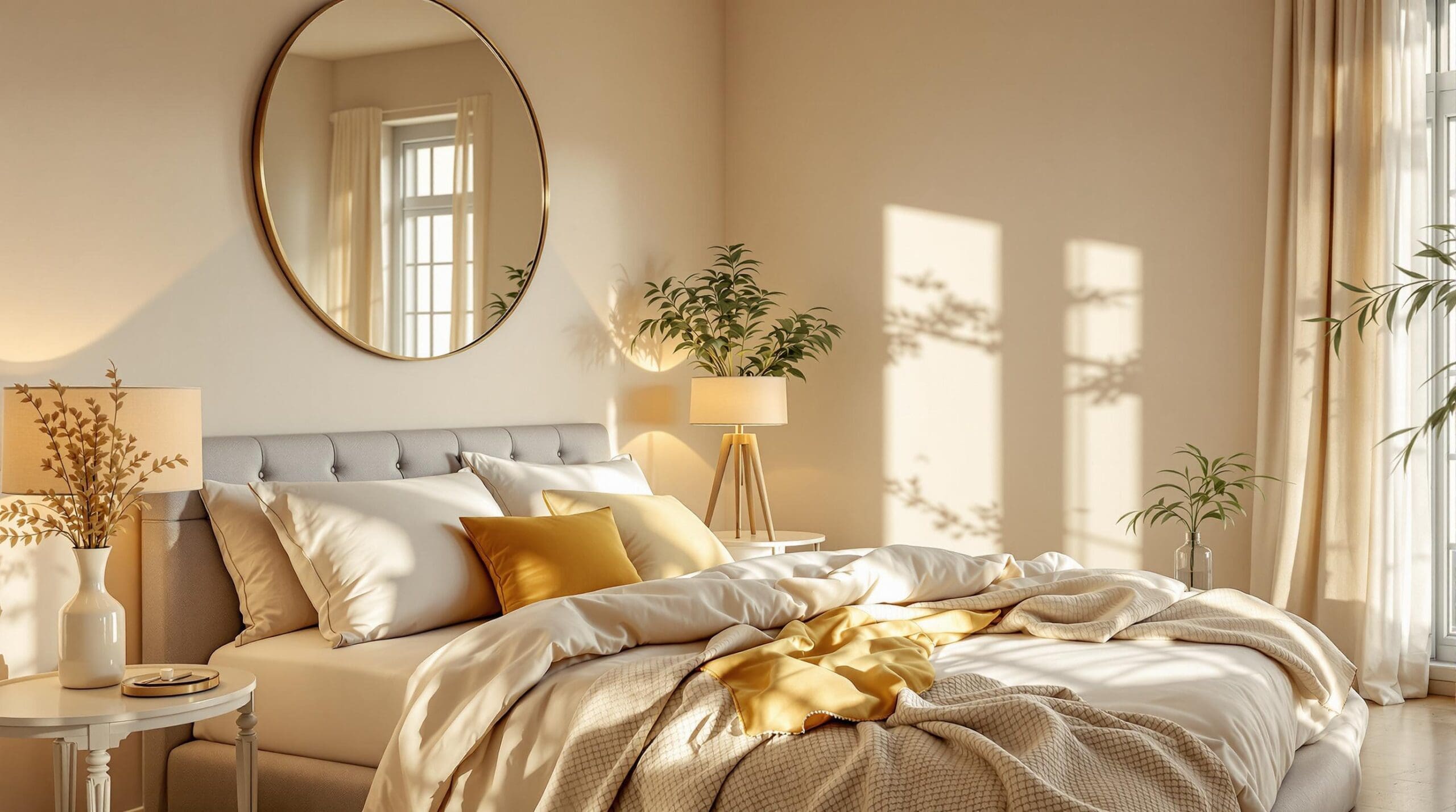 Een serene slaapkamer die baadt in een zacht gouden ochtendlicht, met lichte muren en stijlvolle, luchtige meubels