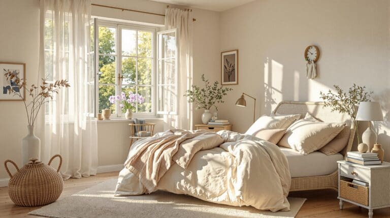 Een serene slaapkamer met zomers licht, opgemaakt bed in katoensatijn met lavendel en gebroken wit