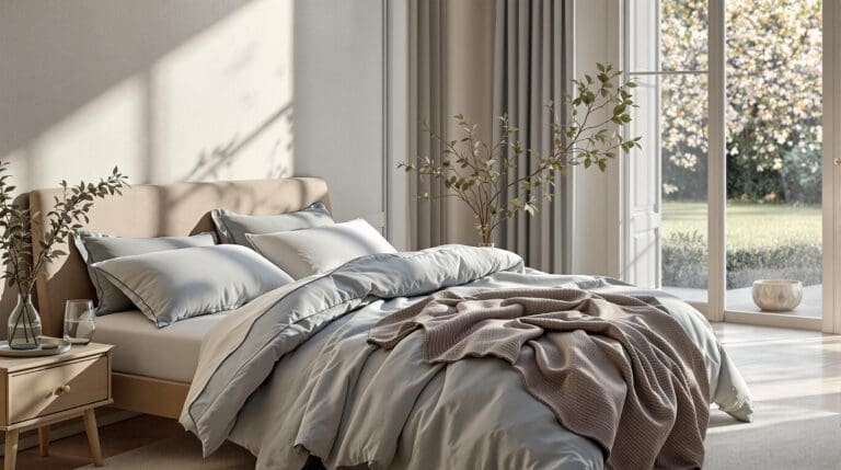 Een serene slaapkamer op een zwoele zomeravond met een lichtblauw satijnen dekbedovertrek, maanlicht en een glas water op het nachtkastje.