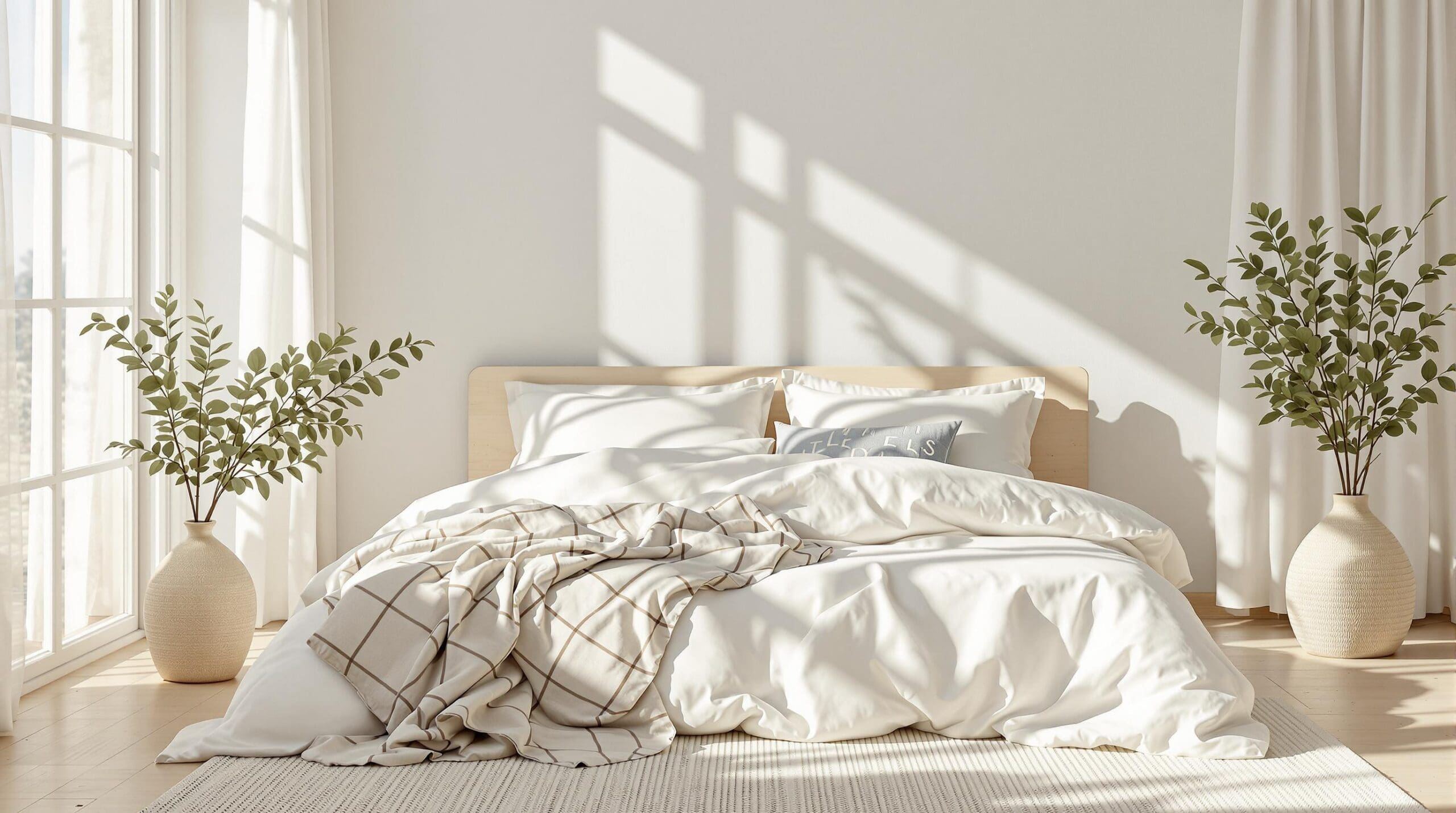 Een slaapkamer in zomerse stijl met open ramen die de zachte bries binnenlaten. Witte linnen gordijnen dansen in het licht van de vroege ochtendzon. Bed omgeven door lichtgewicht katoensatijn of gewassen linnen in zachte, natuurlijke tinten zoals zand en pastelblauw. Een dunner linnen plaid en enkele decoratieve kussens in neutrale stoffen creëren een serene sfeer. De vloer is van licht hout met een katoenen loper. In een glazen vaas staat een tak eucalyptus.