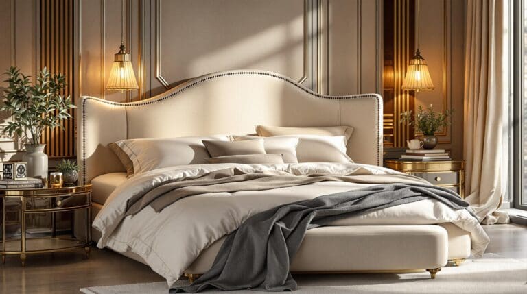 Luxe slaapkamer met een crème dekbedovertrek van satijn geweven katoen, opgemaakt in hotelstijl