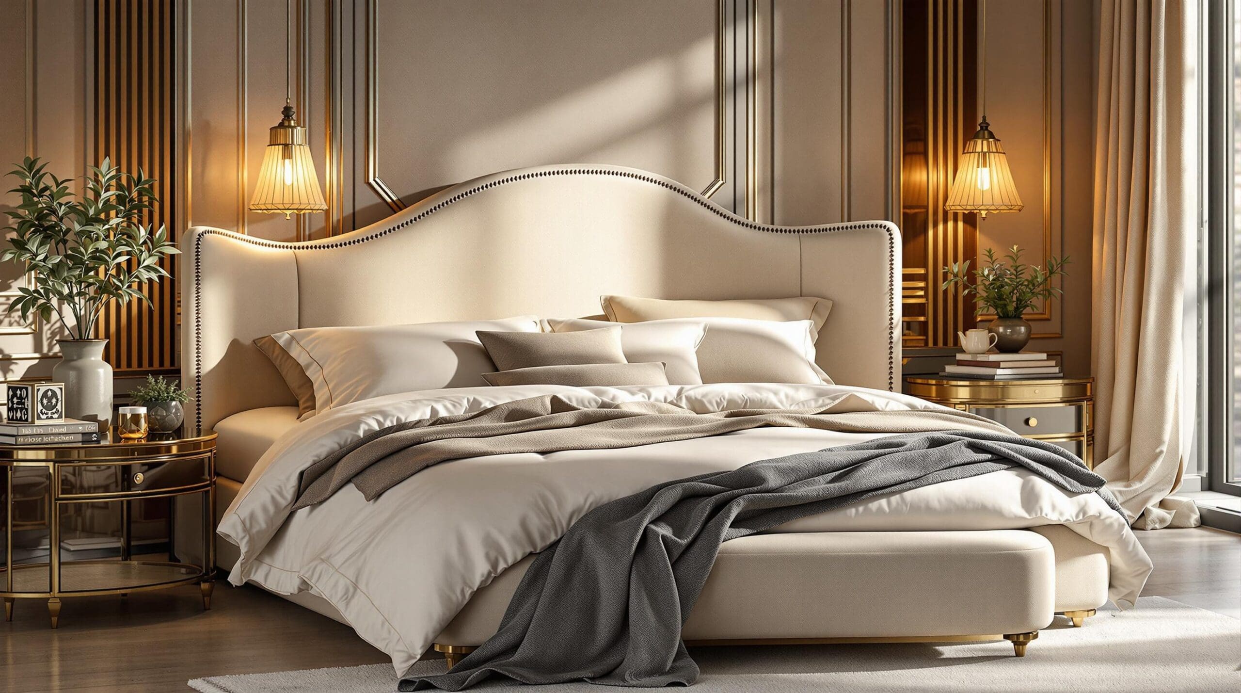 Luxe slaapkamer met een crème dekbedovertrek van satijn geweven katoen, opgemaakt in hotelstijl