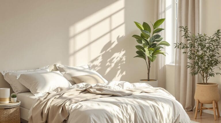 Luxe slaapkamer met witte lakens van percale katoen, natuurlijk houten nachtkastje en groene kamerplant bij ochtendlicht.