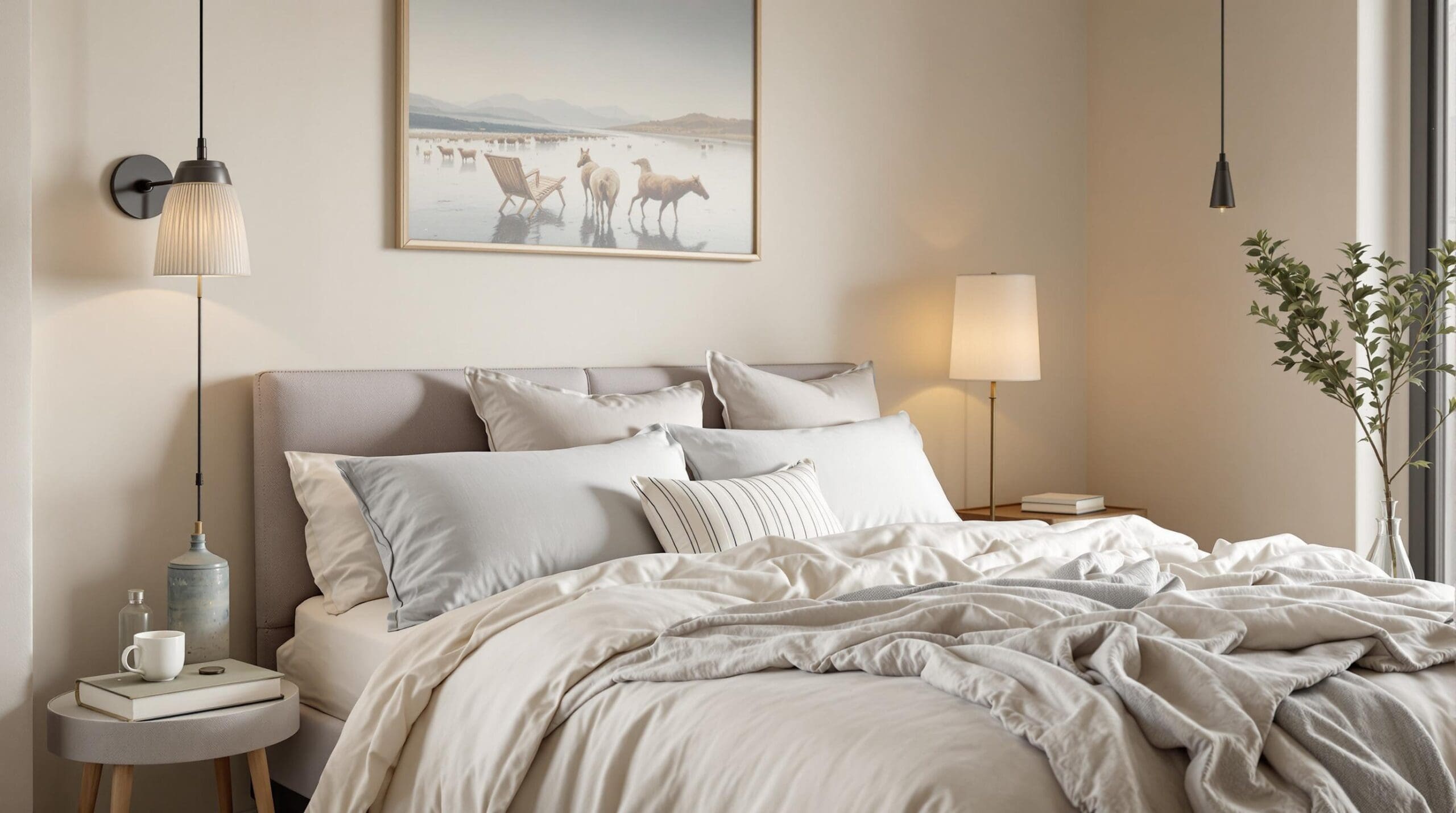 Stel je een luxueuze hotelkamer voor met een rustgevende sfeer: een weelderig bed met een dik, fluffy dekbed en uitnodigende kussens in zachte neutrale tinten zoals crème en diepblauw.