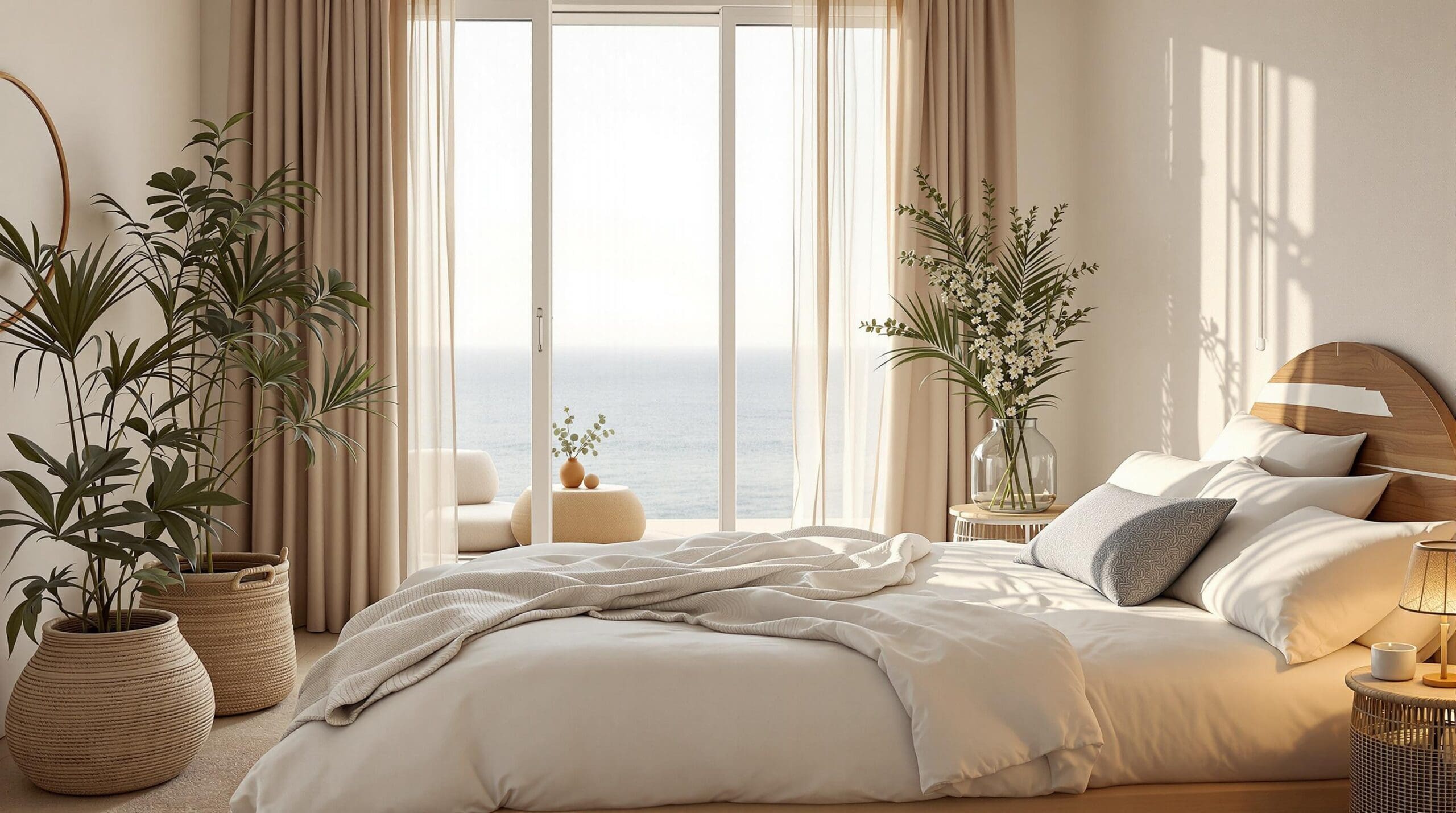 Zomerslaapkamer met wit beddengoed, lichte linnen gordijnen en groene planten