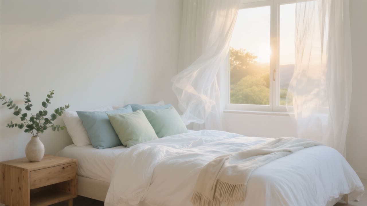 Lichte ochtendzon schijnt door het open raam op een zomers opgemaakt bed met wit dekbed en linnen lakens