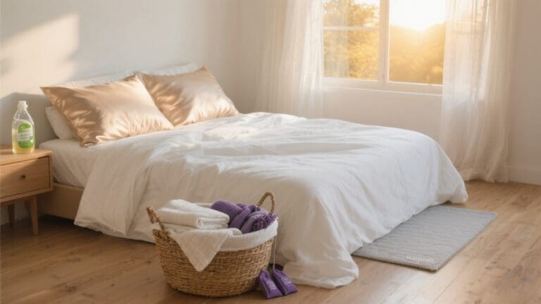 Luxe opgemaakte slaapkamer in ochtendlicht met percale lakens, satijnen kussenslopen, linnen dekbed en accessoires zoals wasmiddel en lavendelzakjes