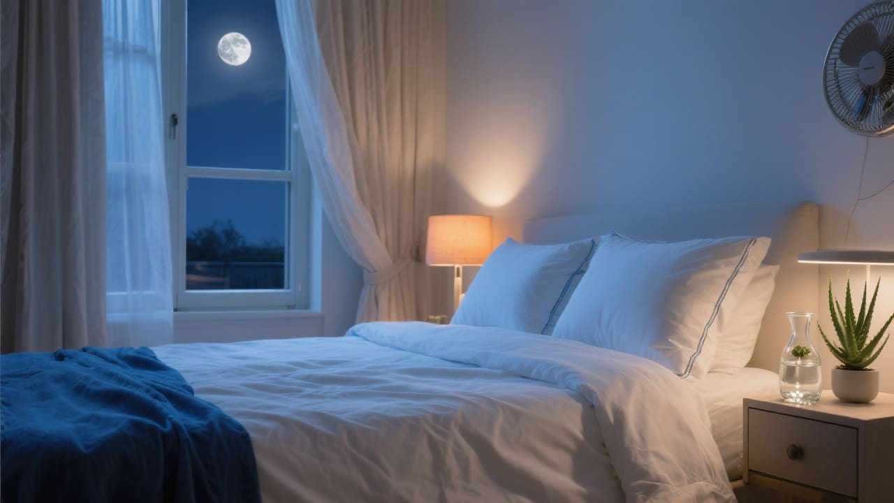 Verkoelende, luxe zomerslaapkamer met percale lakens en zacht briesje.