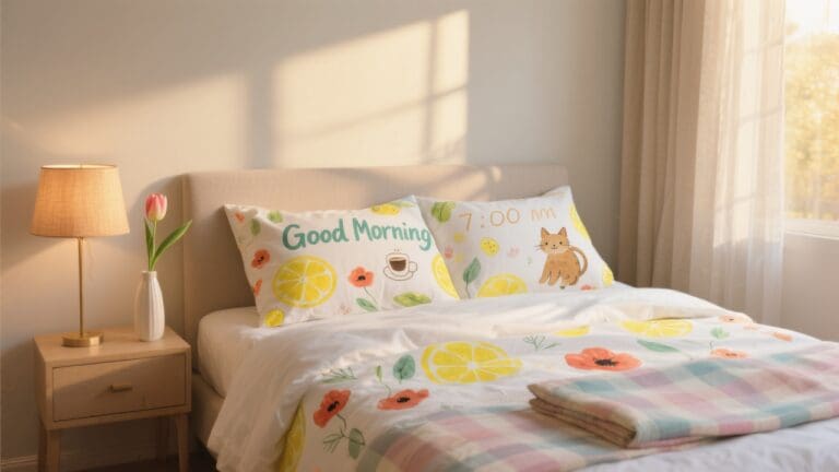 Vrolijk Good Morning dekbedovertrek in serene slaapkamer met zachte ochtendzon