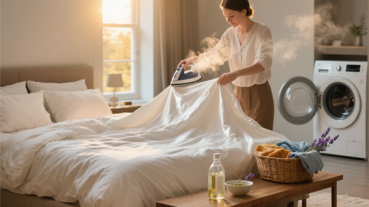 Golden-hour light pours through an open bedroom window, illuminating a neatly styled modern bed as someone gently shakes a freshly washed, inside-out satin duvet cover over a fluffy white comforter.