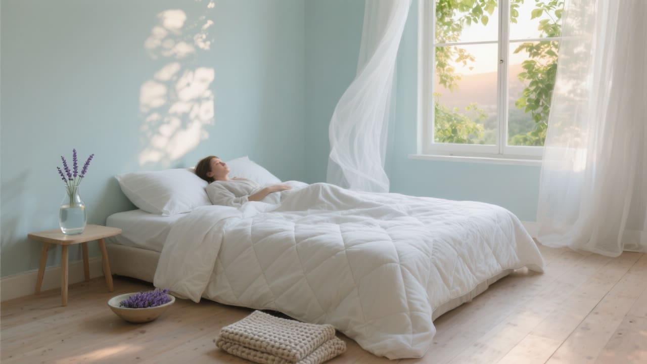 Lichte zomerslaapkamer met open raam, percale katoenen zomerdekbed en lavendel op nachtkastje