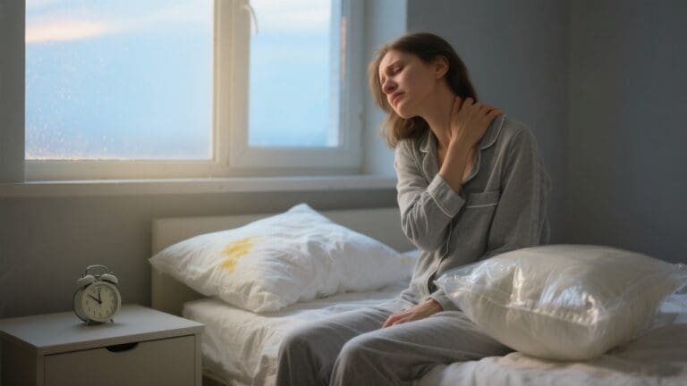 Ochtendlicht schijnt op een verwassen wit kussen met ingevallen vulling; op de voorgrond wrijft een vrouw in haar nek terwijl ze op de bedrand zit.