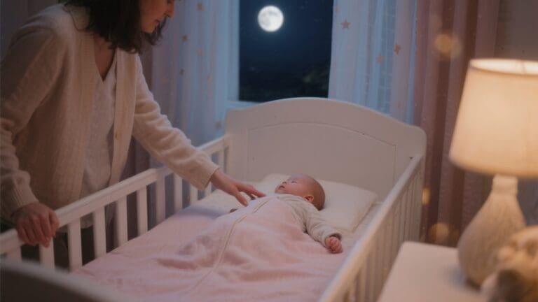 Pastelkleurige babykamer met percale-katoenen hoeslaken, jersey slaapzak en slapende baby, gefotografeerd in avondlicht.