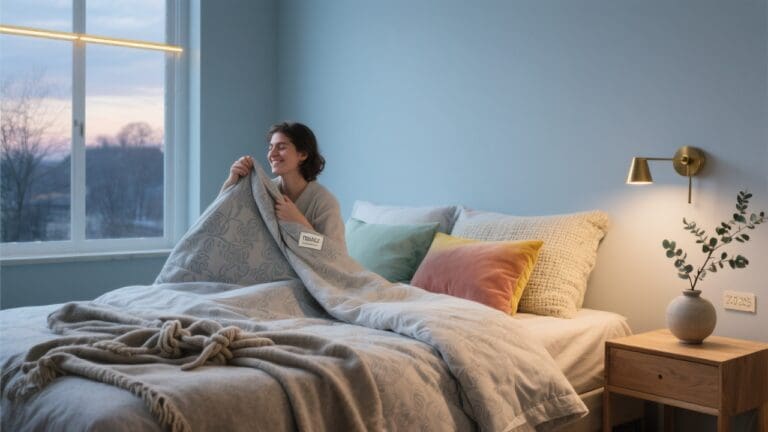 Scandinavische slaapkamer bij ochtendschemering met luxe beddengoed en natuurlijke materialen