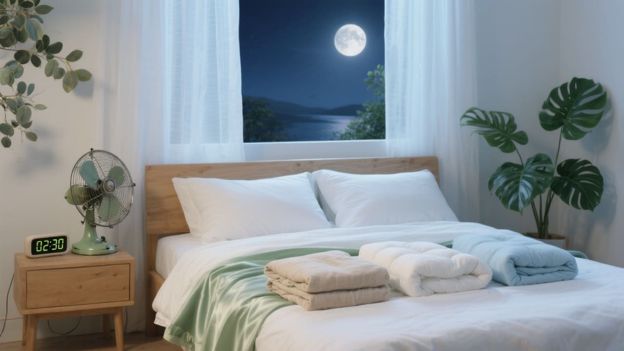 Sereen zomerslaapkamer om 3 uur ’s nachts met vijf zomerdekbedden en zachte maanverlichting