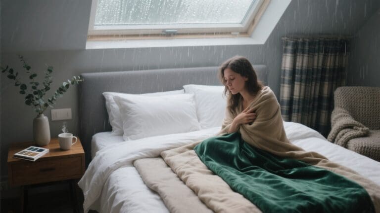 Sfeervolle slaapkamer met drie lagen beddengoed: wit percale, zandkleurig katoen en glanzend smaragdgroen satijn. Een vrouw overweegt haar keuze.