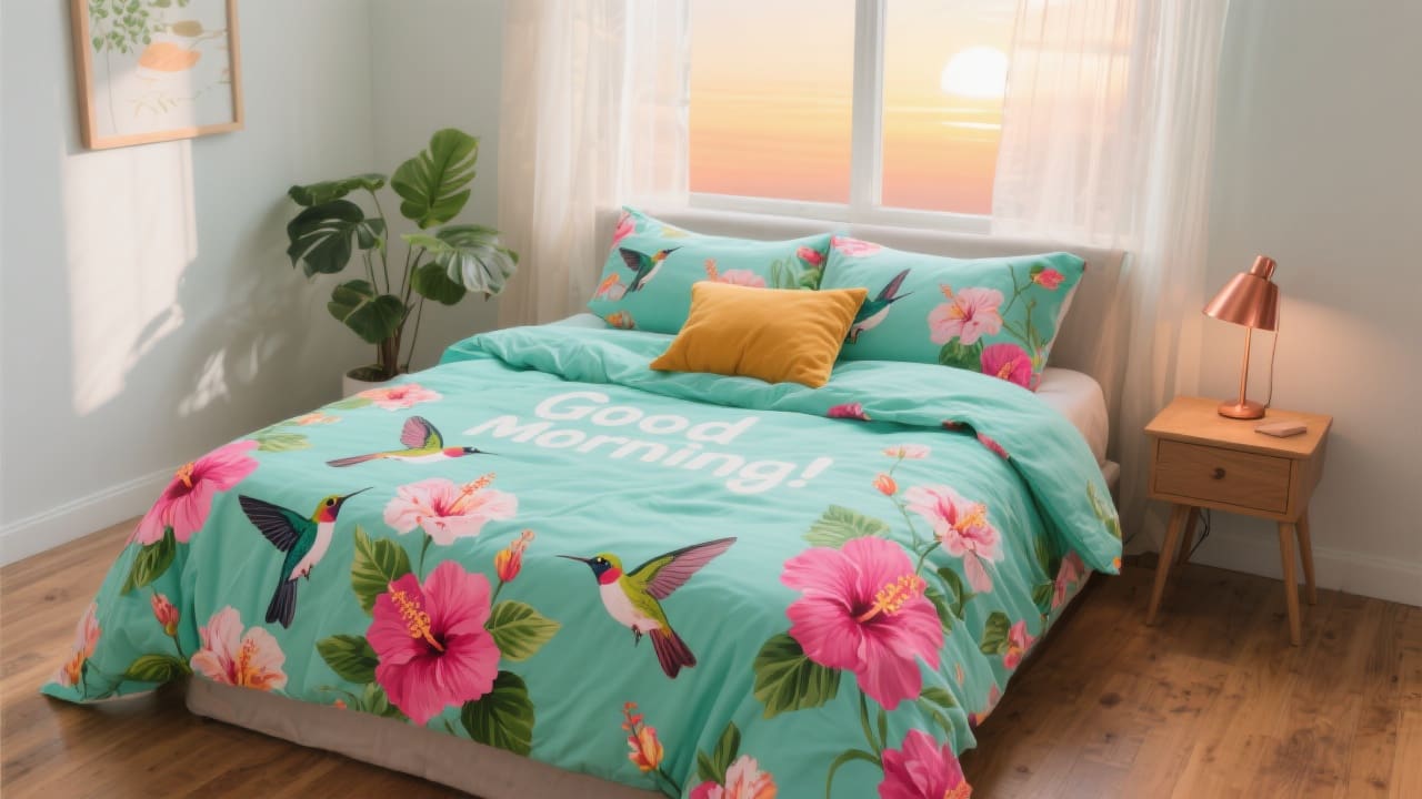 Zacht ochtendlicht valt door gordijnen op een bed met een mintgroen Good Morning dekbedovertrek, bedrukt met kolibries en hibiscusbloemen.