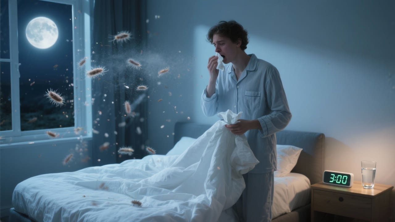 A nighttime bedroom scene showing a person sneezing due to allergens in the environment while standing beside a bed.