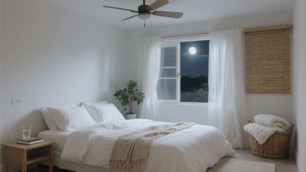 Een frisse slaapkamer met percale katoen, linnen en bamboe textiel, zacht verlicht door maanlicht en voorzien van een plafondventilator en bamboe jaloezieën.