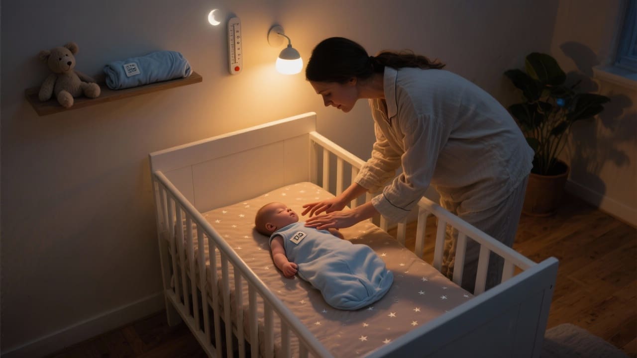 Ouder controleert slapende baby in veilige, minimalistische babykamer bij zacht nachtlamplicht