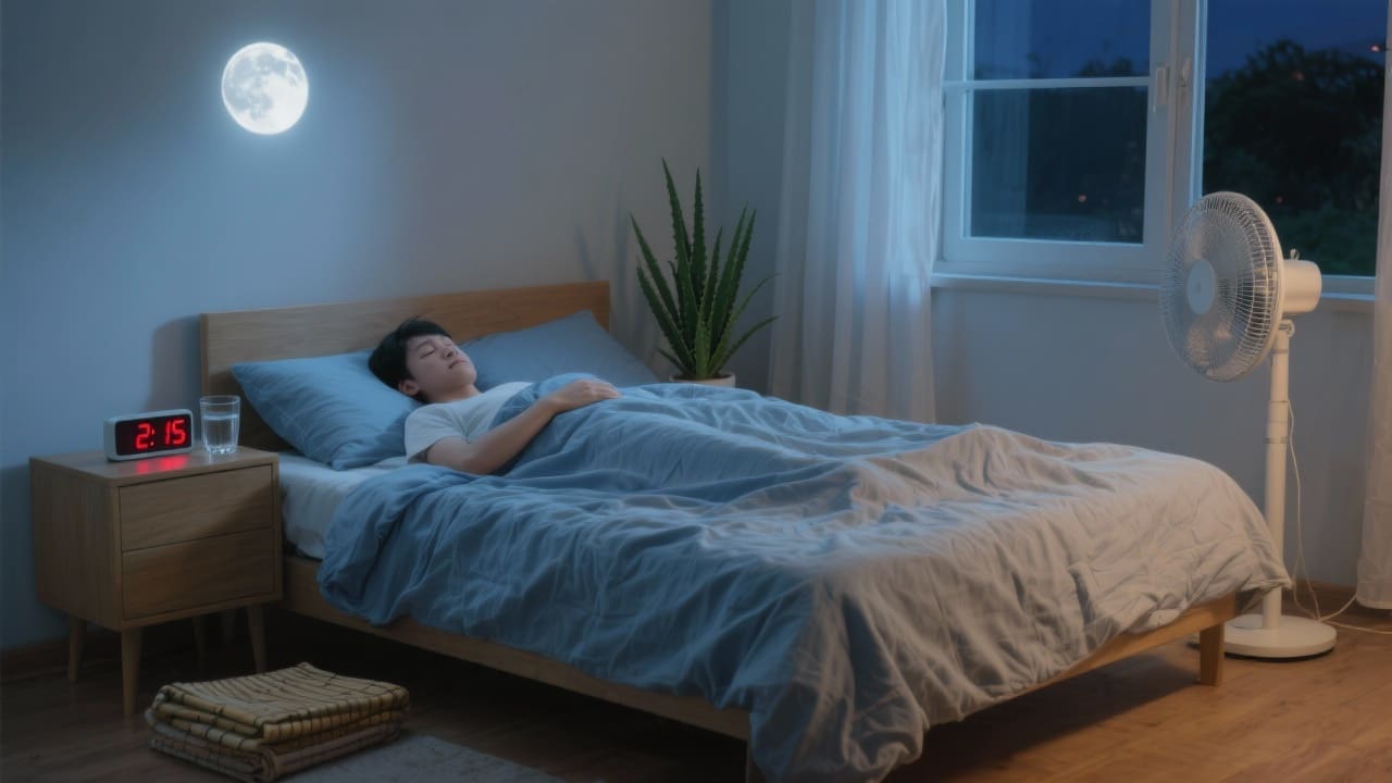 Slaapkamer om 2:45 uur 's nachts met koel briesje en natuurbeddengoed, minimalistisch en rustgevend.