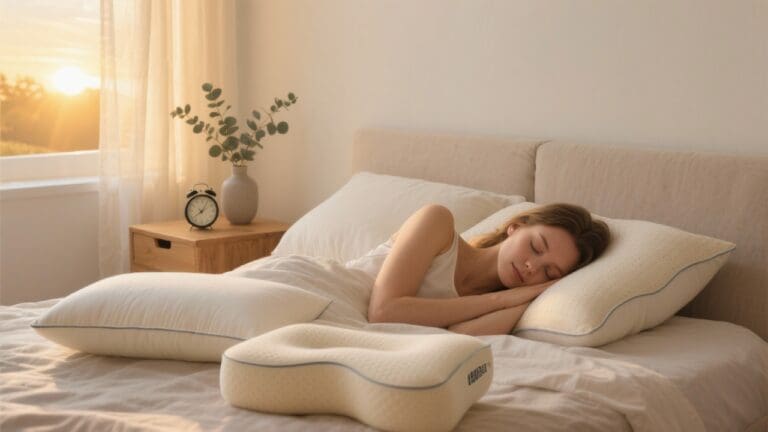 Vrouw slaapt op haar zij op ergonomisch kussen met perfecte werveluitlijning, drie kussenopties op bed, Scandinavische slaapkamer in ochtendlicht.